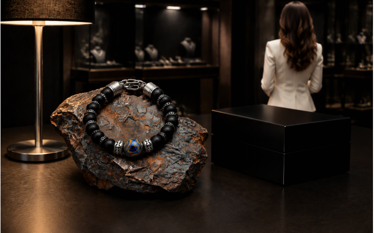 BRACELET HOMME PERLE DAMAS TITANE ET ONYX NOIR FERMOIR ACIER CHIRURGICAL