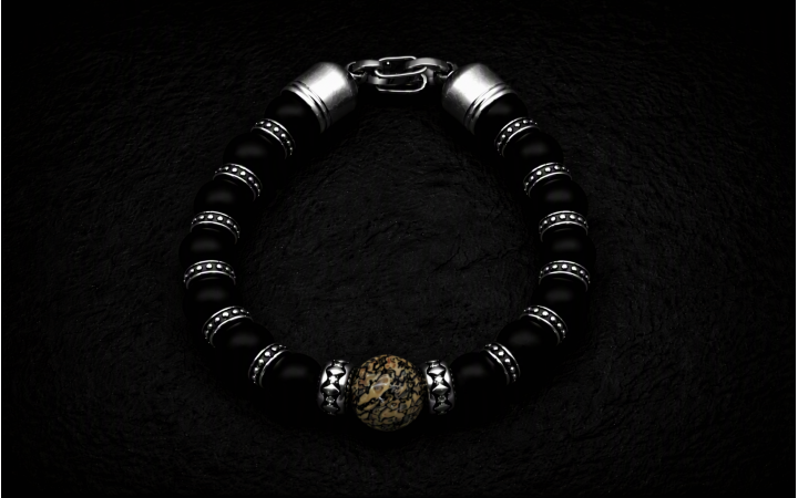 BRACELET HOMME PERLE CENTRALE EN OS DE DINOSAURE AGATIS&Eacute; ET EN PIERRE NATURELLE D'ONYX