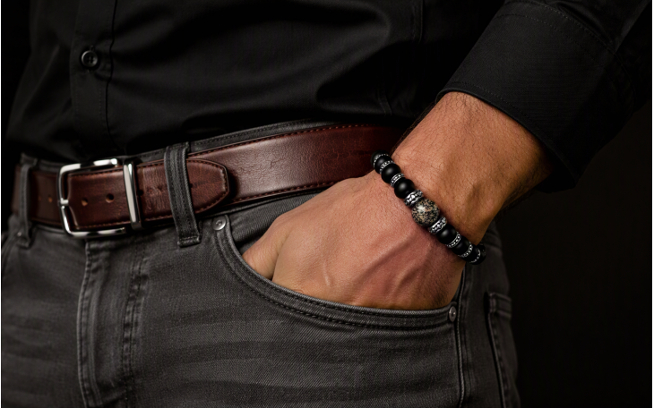 BRACELET HOMME PERLE EN OS DE DINOSAURE AGATISÉ ET ONYX NOIR