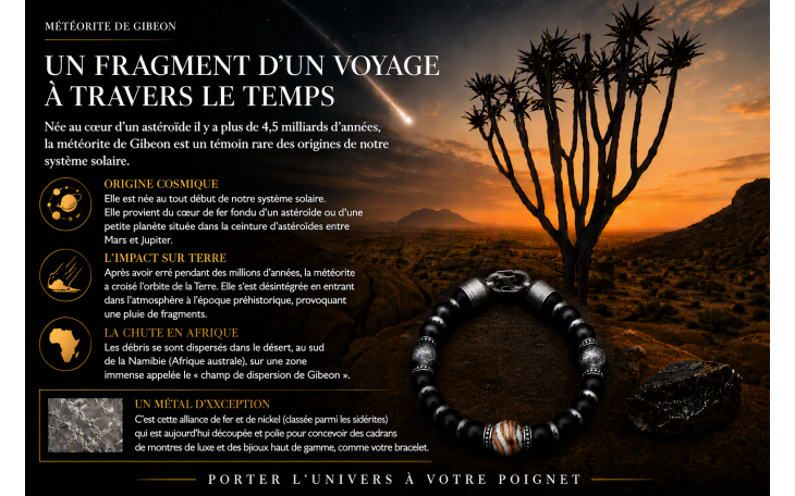 BRACELET HOMME EN METEORITE DE GIBEON MOLAIRE DE MAMMOUTH ET PERLE NATURELE EN ONYX