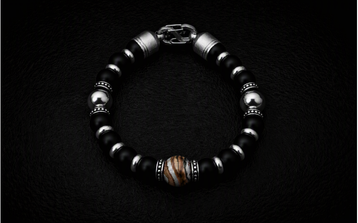 BRACELET HOMME PERLE CENTRALE EN MOLAIRE DE MAMMOUTH 2 PERLES TITANE ET ONYX NATUREL