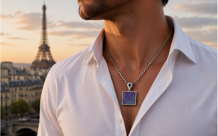 PENDENTIF HOMME ACIER DAMAS TITANE BELIERE AVEC CROIX ET CHAINE ACIER INOX