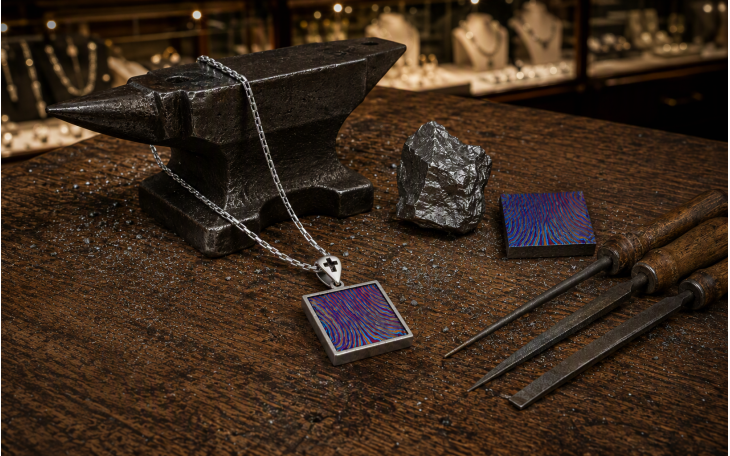 PENDENTIF HOMME ACIER DAMAS TITANE BELIERE AVEC CROIX ET CHAINE ACIER INOX