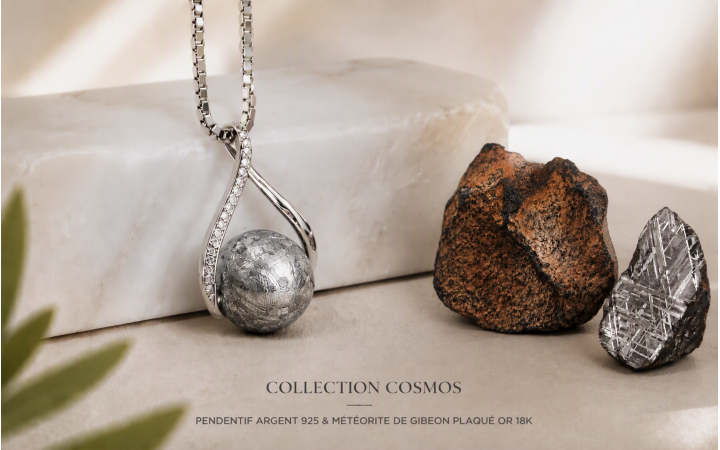  PENDENTIF FEMME EN METEORITE DE GIBEON PLAQUE OR PENDENTIF ET CHAINE ARGENT 925