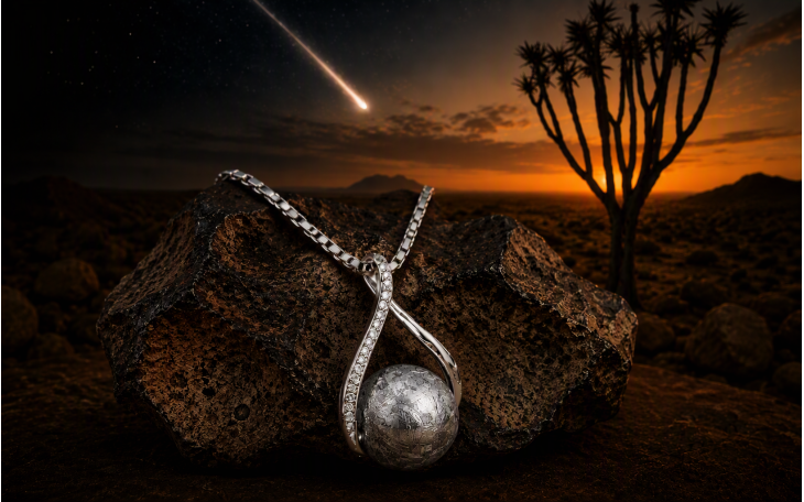  PENDENTIF FEMME EN METEORITE DE GIBEON PLAQUE OR PENDENTIF ET CHAINE ARGENT 925