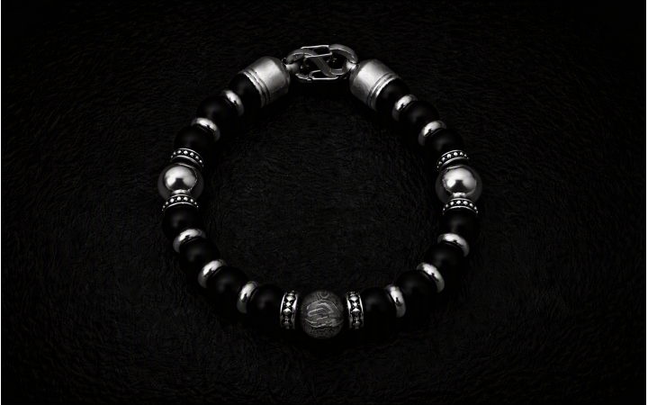 BRACELET HOMME PERLE CENTRALE EN ACIER DAMAS 2 PERLES TITANE ET PIERRE NATURELLE D'ONYX