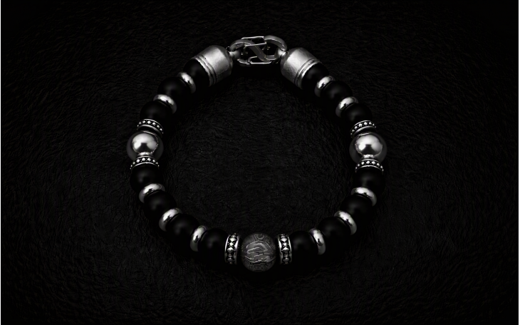BRACELET HOMME PERLE CENTRALE EN ACIER DAMAS 2 PERLES TITANE ET PIERRE NATURELLE D'ONYX