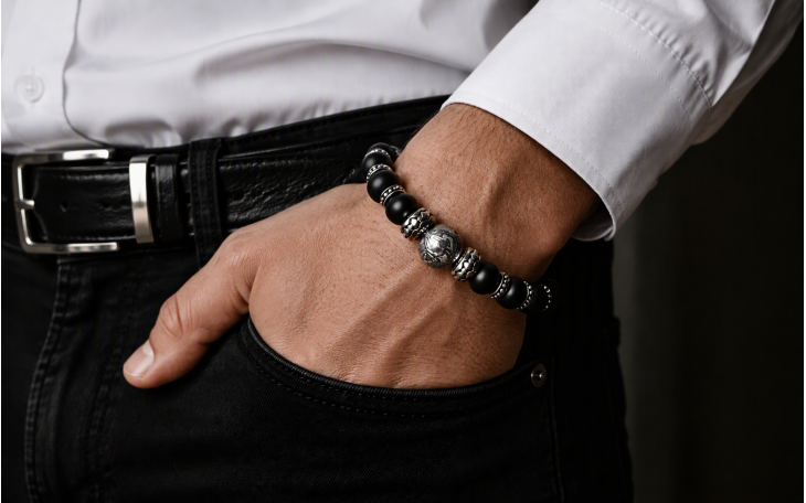 BRACELET HOMME PERLE CENTRALE ACIER DAMAS FORGE ET ONYX NOIR FERMOIR ACIER CHIRURGICAL