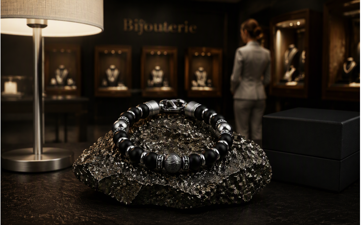 BRACELET HOMME PERLE CENTRALE EN ACIER DAMAS AVEC 2 PERLES EN TITANE ET PIERRE NATURELLE D'ONYX NOIR